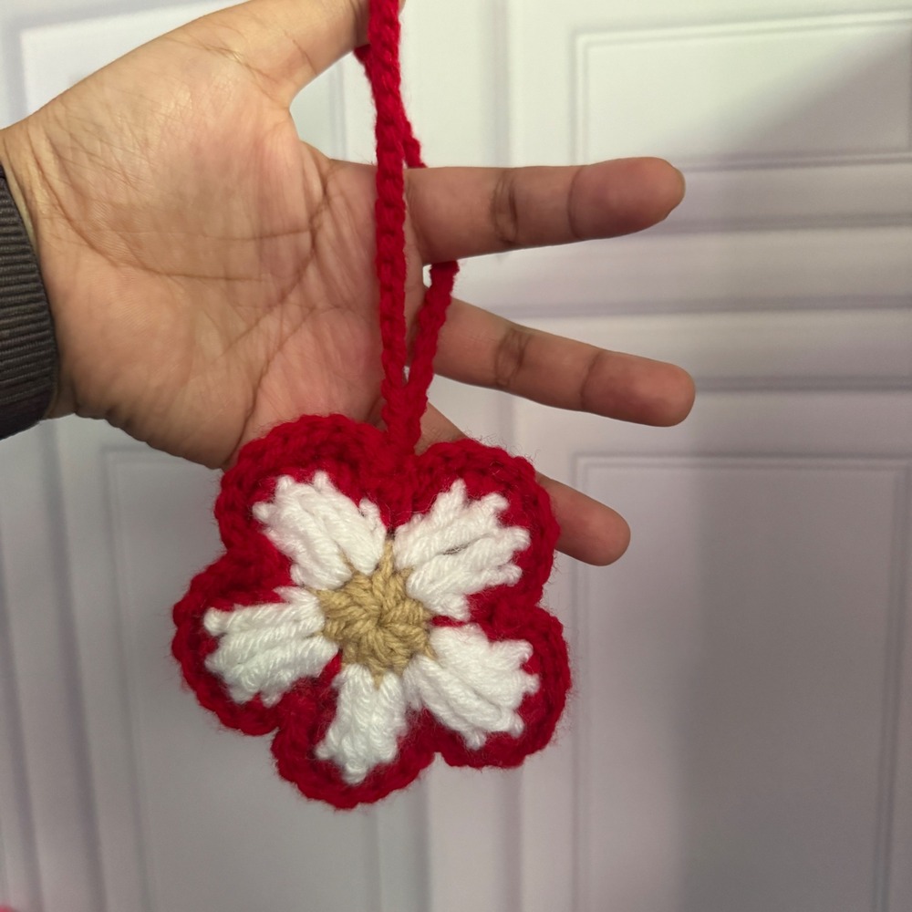 Handmade Crochet Flower Bag Charm Red White Floral Keychain Accessory